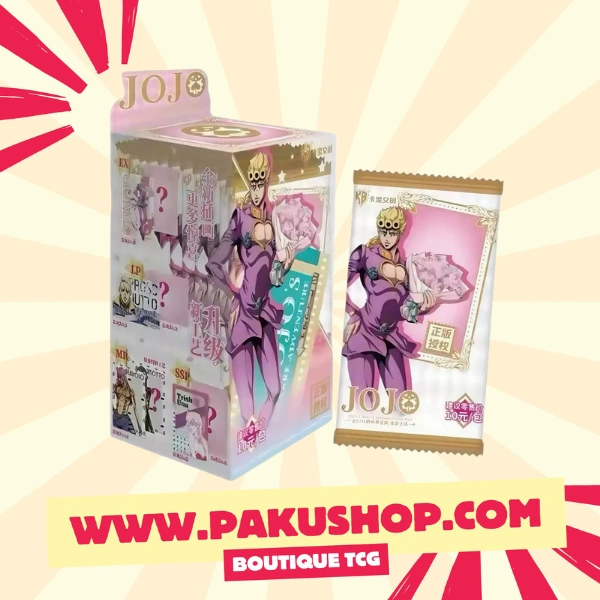 Le Display JoJo's Bizarre Adventure Kabao Golden Wind pour les Fans de JJBA Le Display JoJo's Bizarre Adventure Kabao Golden Wind Série 1 est la collection de cartes animé et manga la plus attendue des fans de JoJo's Bizarre Adventure. Édité par l'éditeur chinois Kabao Wenchuang sous licence officielle Lucky Land Communications et Shueisha, ce display plonge les collectionneurs dans l'arc le plus populaire de la saga JJBA — Golden Wind. Ce display JOJO'S BIZARRE ADVENTURE KABAO est un produit 100% authentique sous double licence officielle, tamponné "正版授权" garantissant son authenticité. Pakushop, spécialiste de la revente de cartes manga et cartes animé chinoises, vous propose ce display JJBA rare et exclusif directement depuis la Chine. Retrouve toute notre sélection de cartes TCG et manga sur Pakushop et découvre l'univers complet de JoJo's Bizarre Adventure sur Wikipedia. Contenu du Display JoJo's Bizarre Adventure Kabao Golden Wind Le Display JoJo's Bizarre Adventure Kabao Golden Wind contient 15 boosters de 3 cartes chacun pour un total de 45 cartes JJBA à collectionner. Chaque booster garantit 1 carte SSR et 1 carte QR ainsi qu'une troisième carte parmi les raretés UR, GR, LP, MR, SP, SSP ou EX. Ce display JOJO'S BIZARRE ADVENTURE KABAO offre donc des raretés garanties dans chaque booster, faisant de chaque ouverture une véritable expérience collector. Référence produit : JOJOS4GW-C-10-002T. Les cartes sont en langue chinoise simplifié et mesurent 63×88mm, format standard international. Des Raretés Exclusives dans Chaque Booster JJBA Le Display JoJo's Bizarre Adventure Kabao Golden Wind propose un système de raretés généreux et exclusif qui garantit des cartes de qualité dans chaque booster. Les raretés SSR et QR sont garanties dans chaque booster. Les raretés UR et GR offrent des finitions holographiques spectaculaires dignes des meilleures scènes de Golden Wind. Les raretés SP, SSP et EX sont les cartes les plus recherchées de cette collection carte jojo's bizarre adventure avec des illustrations exclusives et des finitions premium exceptionnelles. Chaque carte de ce display JOJO'S BIZARRE ADVENTURE KABAO est une véritable pièce collector qui ravira les fans les plus exigeants de JJBA. Les Personnages Emblématiques de Golden Wind à Collectionner Le Display JoJo's Bizarre Adventure Kabao Golden Wind met en scène tous les personnages emblématiques de l'arc Golden Wind dans des illustrations fidèles à l'anime. Retrouve Giorno Giovanna et son Gold Experience, Guido Mista et Sex Pistols, Bruno Bucciarati et Sticky Fingers, Narancia Ghirga et Aerosmith, Pannacotta Fugo et Purple Haze, Leone Abbacchio et Moody Blues ainsi que le redoutable Diavolo et King Crimson. Chaque carte jjba de ce display capture l'intensité et le style unique de Golden Wind dans des illustrations spectaculaires qui feront vibrer votre collection de cartes animé et manga. Pourquoi Choisir ce Display JoJo's Bizarre Adventure Kabao sur Pakushop ? Pakushop est le spécialiste français de la revente de cartes manga et cartes animé chinoises. Notre expertise dans la sélection de produits TCG asiatiques rares et exclusifs nous permet de vous proposer des collections introuvables ailleurs en France. Le Display JoJo's Bizarre Adventure Kabao Golden Wind est un produit rare sous double licence officielle Lucky Land Communications et Shueisha. Des raretés garanties dans chaque booster parmi SSR, QR, UR, GR, SSP et EX. Un format compact de 15 boosters de 3 cartes idéal pour les collectionneurs de cartes jba. Disponible exclusivement sur Pakushop, votre spécialiste de cartes manga et animé chinoises. JoJo's Bizarre Adventure Golden Wind – L'Arc le Plus Populaire de la Saga JoJo's Bizarre Adventure est l'un des mangas les plus iconiques et influents de l'histoire du manga japonais. Créé par Hirohiko Araki et sérialisé depuis 1987 dans Weekly Shonen Jump, la saga a traversé les générations avec ses arcs narratifs distincts et ses personnages mémorables. Golden Wind, cinquième arc de la saga, suit Giorno Giovanna — fils secret de DIO — dans son ascension au sein de la mafia napolitaine Passione. Avec ses Stands spectaculaires, ses retournements de situation époustouflants et son esthétique unique mêlant mode italienne et combats surnaturels, Golden Wind est considéré par de nombreux fans comme l'arc le plus abouti de JoJo's Bizarre Adventure. Le Display JoJo's Bizarre Adventure Kabao rend hommage à cet arc légendaire avec des cartes JJBA aux illustrations fidèles à l'anime produit par David Production. Informations Produit — Display JoJo's Bizarre Adventure Kabao Golden Wind Le Display JoJo's Bizarre Adventure Kabao Golden Wind est disponible sous double licence officielle. Référence : JOJOS4GW-C-10-002T. Il contient 15 boosters de 3 cartes chacun en chinois simplifié. Le produit est authentique, 100% neuf et scellé d'usine. Display JoJo's Bizarre Adventure Kabao